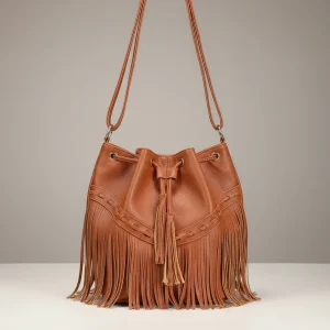 Sac seau cuir synthétique à franges - Vue 1 - sac seau