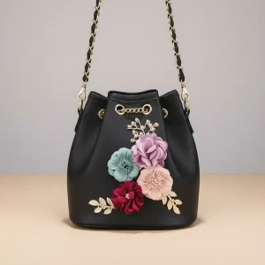 Sac seau cuir synthétique brodé fleuri - Vue 1 - sac seau