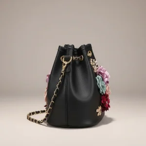 Sac seau cuir synthétique brodé fleuri - Vue 2 - sac seau
