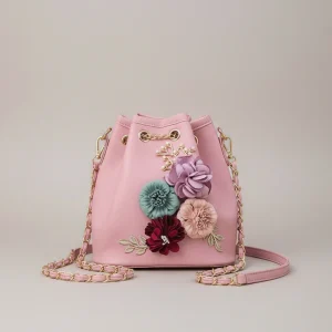 Sac seau cuir synthétique fleuri bandoulière chaîne - Vue 1 - sac seau