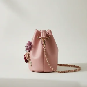 Sac seau cuir synthétique fleuri bandoulière chaîne - Vue 2 - sac seau