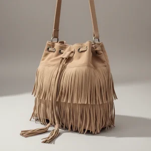 Sac seau daim synthétique à franges - Vue 2 - sac seau
