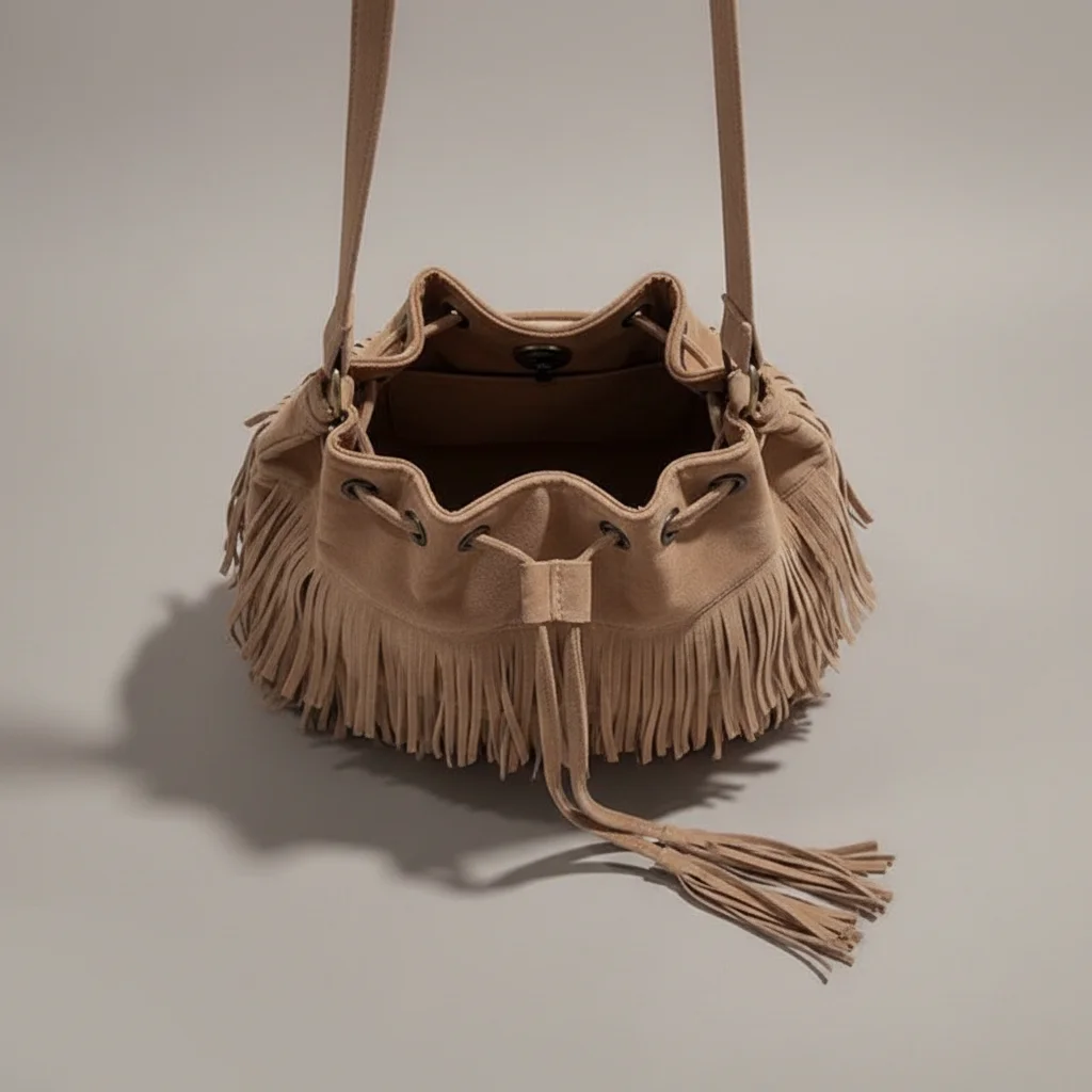 Sac seau daim synthétique à franges - Vue 3 - sac seau