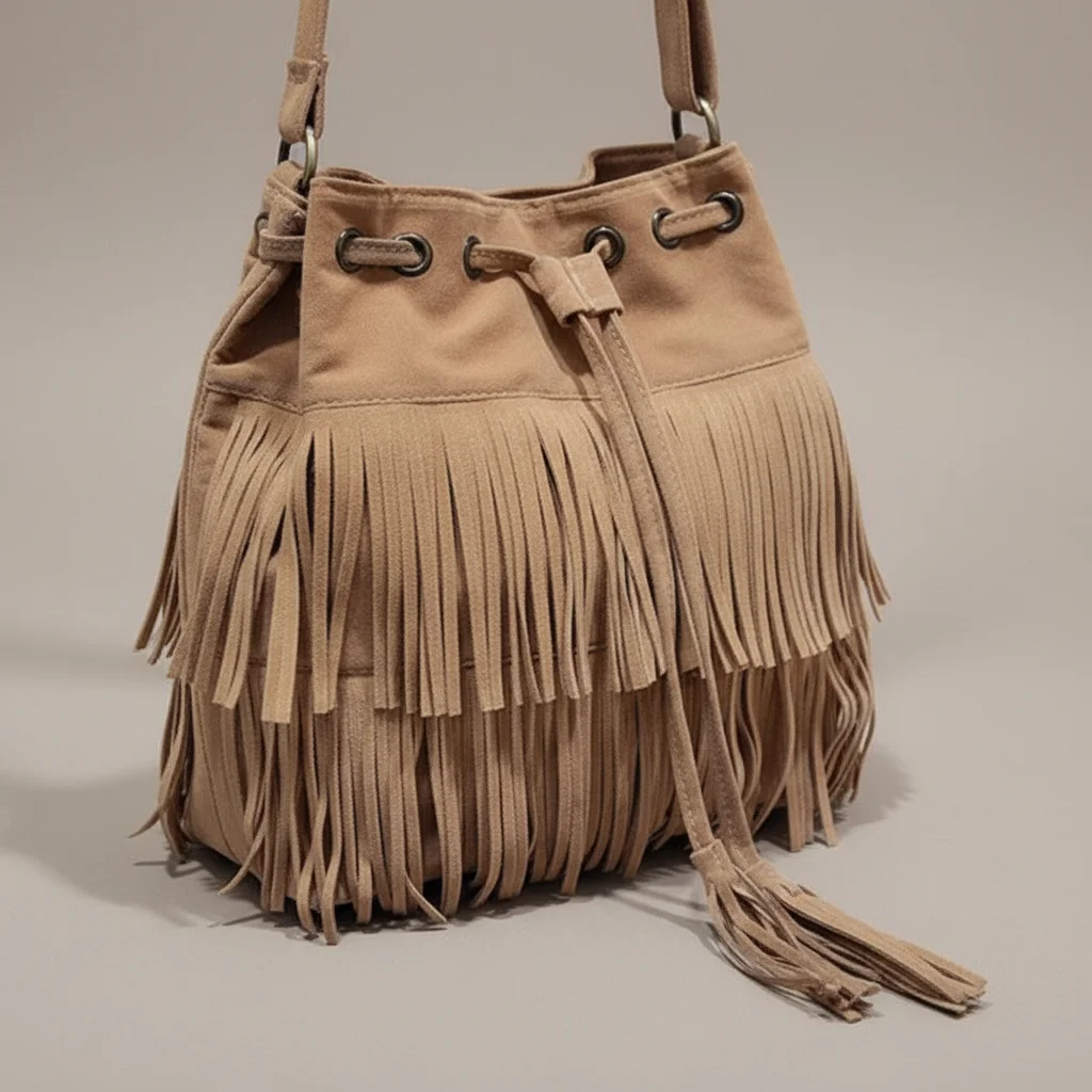 Sac seau daim synthétique à franges - Vue 4 - sac seau