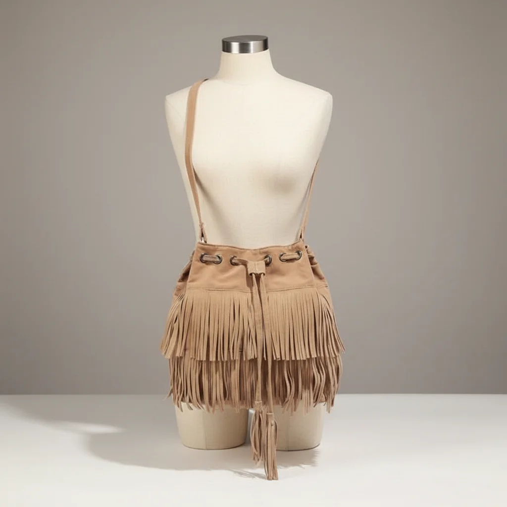 Sac seau daim synthétique à franges - Vue 5 - sac seau
