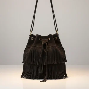 Sac seau daim synthétique noir à franges - Vue 1 - sac seau