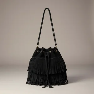 Sac seau daim synthétique noir à franges - Vue 2 - sac seau
