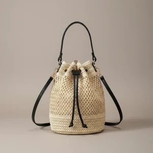 Sac seau paille naturelle bandoulière cuir - Vue 1 - sac seau