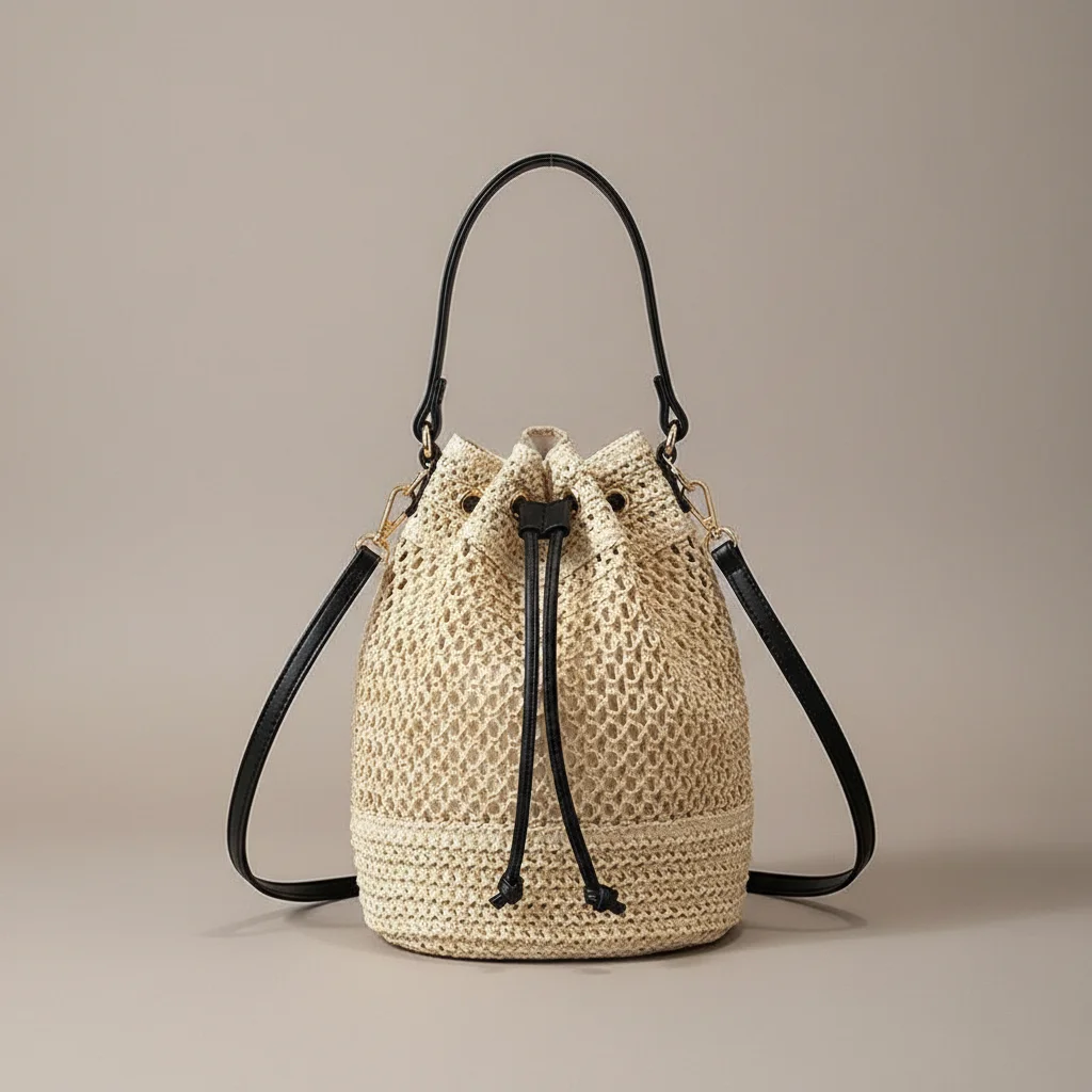 Sac seau paille naturelle bandoulière cuir - Vue 1 - sac seau