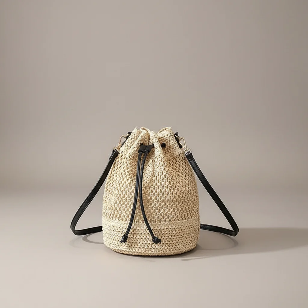 Sac seau paille naturelle bandoulière cuir - Vue 2 - sac seau