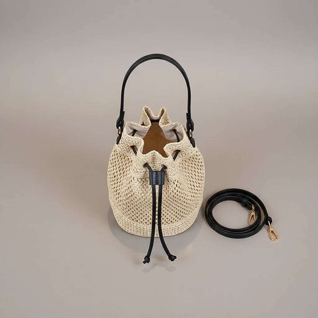 Sac seau paille naturelle bandoulière cuir - Vue 3 - sac seau