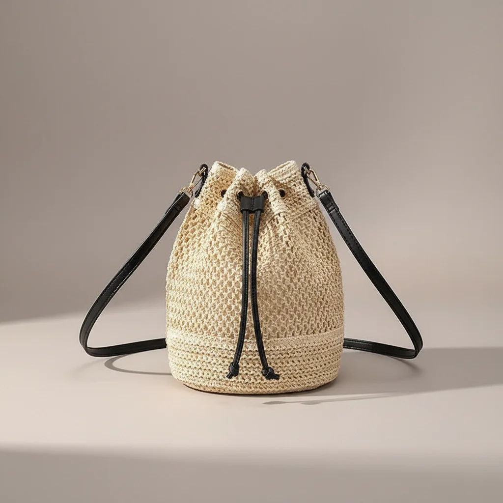 Sac seau paille naturelle bandoulière cuir - Vue 4 - sac seau