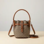 Sac seau tissu pieds-de-poule et cuir marron - Vue 1 - sac seau