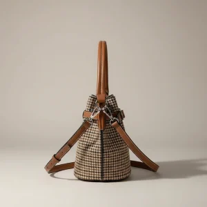 Sac seau tissu pieds-de-poule et cuir marron - Vue 2 - sac seau