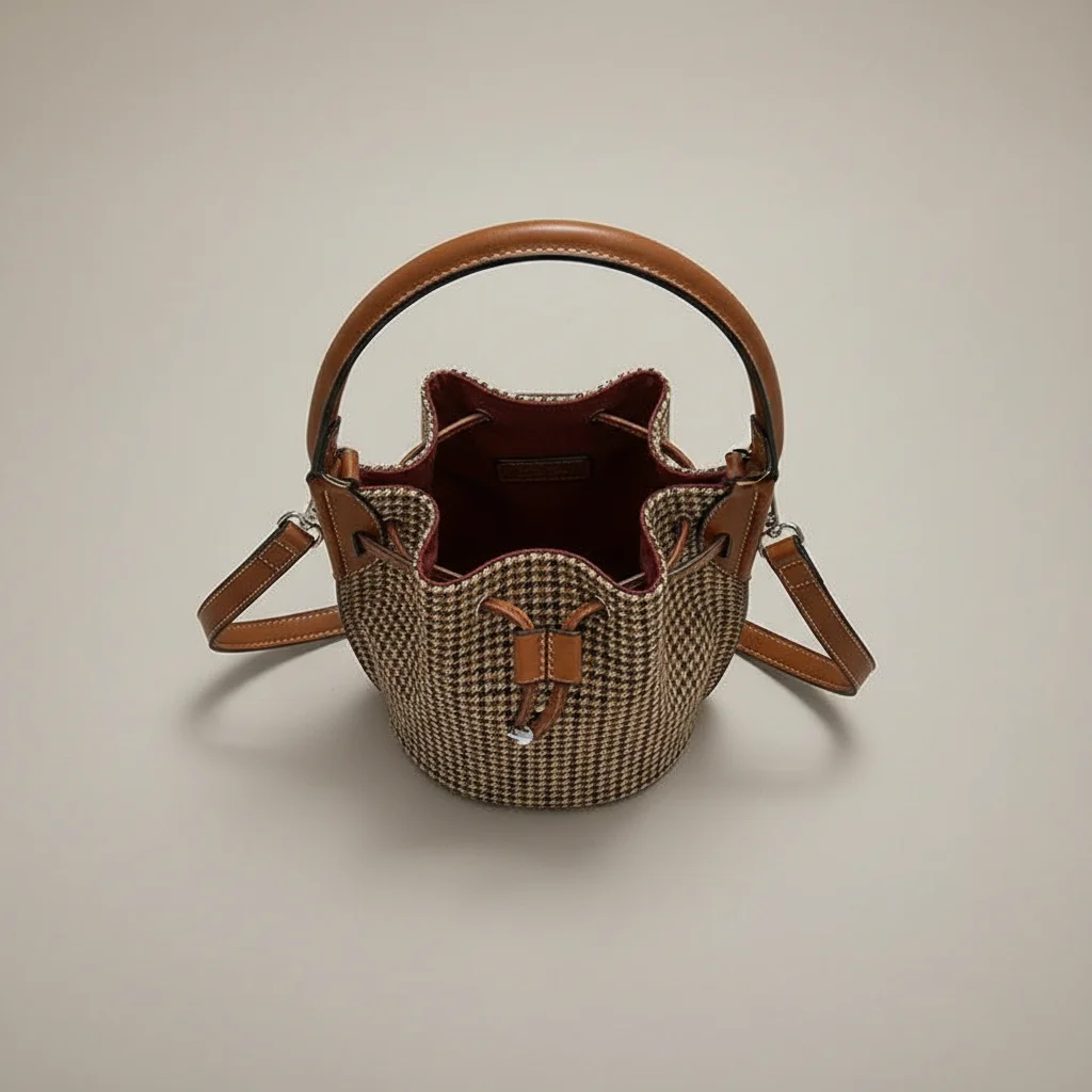 Sac seau tissu pieds-de-poule et cuir marron - Vue 3 - sac seau