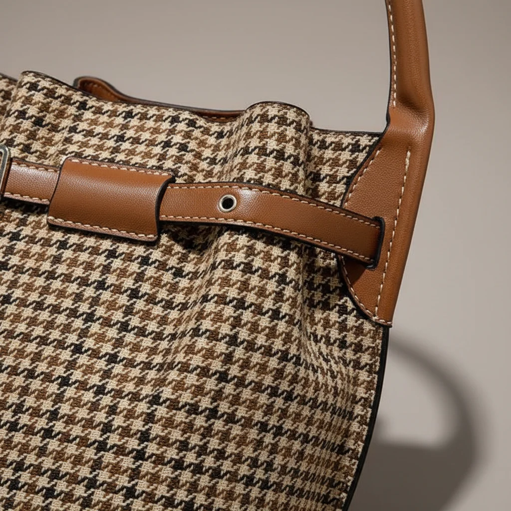 Sac seau tissu pieds-de-poule et cuir marron - Vue 4 - sac seau