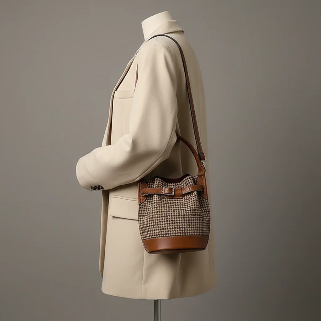 Sac seau tissu pieds-de-poule et cuir marron - Vue 5 - sac seau