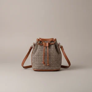 Sac seau tissu pieds-de-poule et finitions cuir - Vue 1 - sac seau