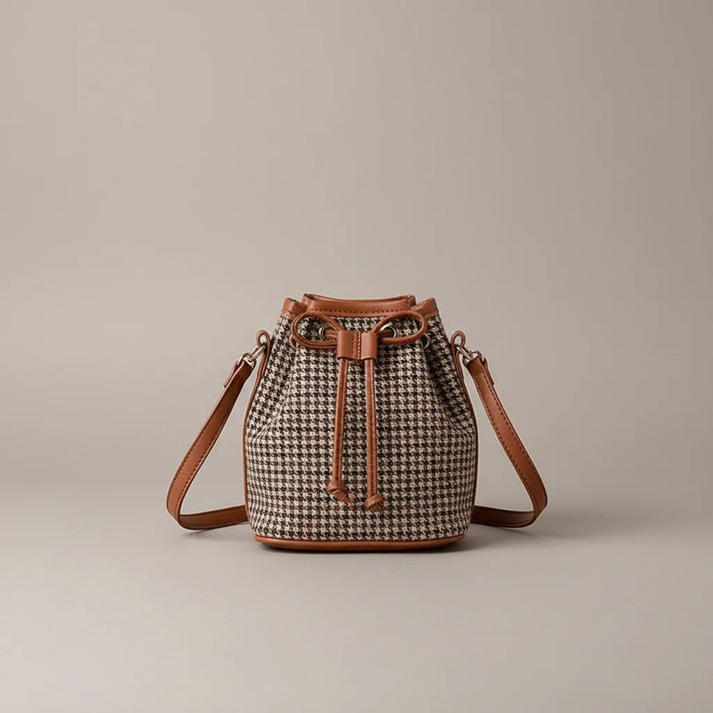 Sac seau tissu pieds-de-poule et finitions cuir - Vue 1 - sac seau