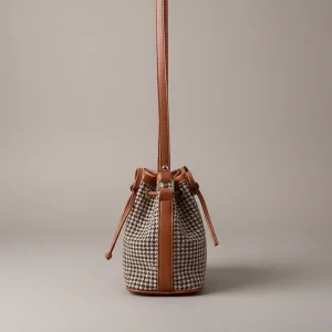 Sac seau tissu pieds-de-poule et finitions cuir - Vue 2 - sac seau