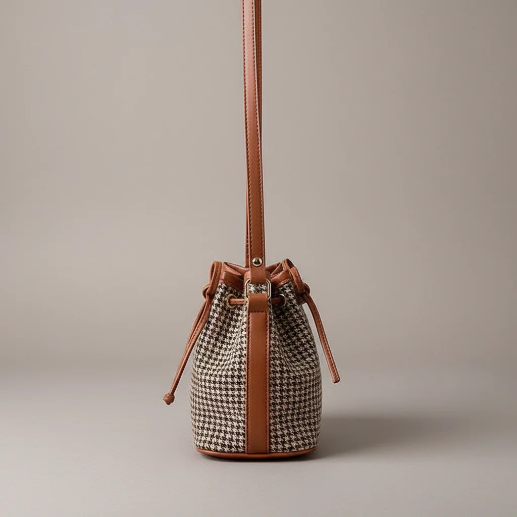 Sac seau tissu pieds-de-poule et finitions cuir - Vue 2 - sac seau