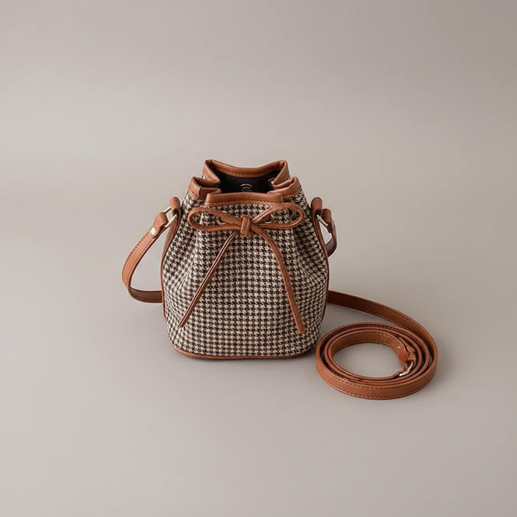 Sac seau tissu pieds-de-poule et finitions cuir - Vue 3 - sac seau