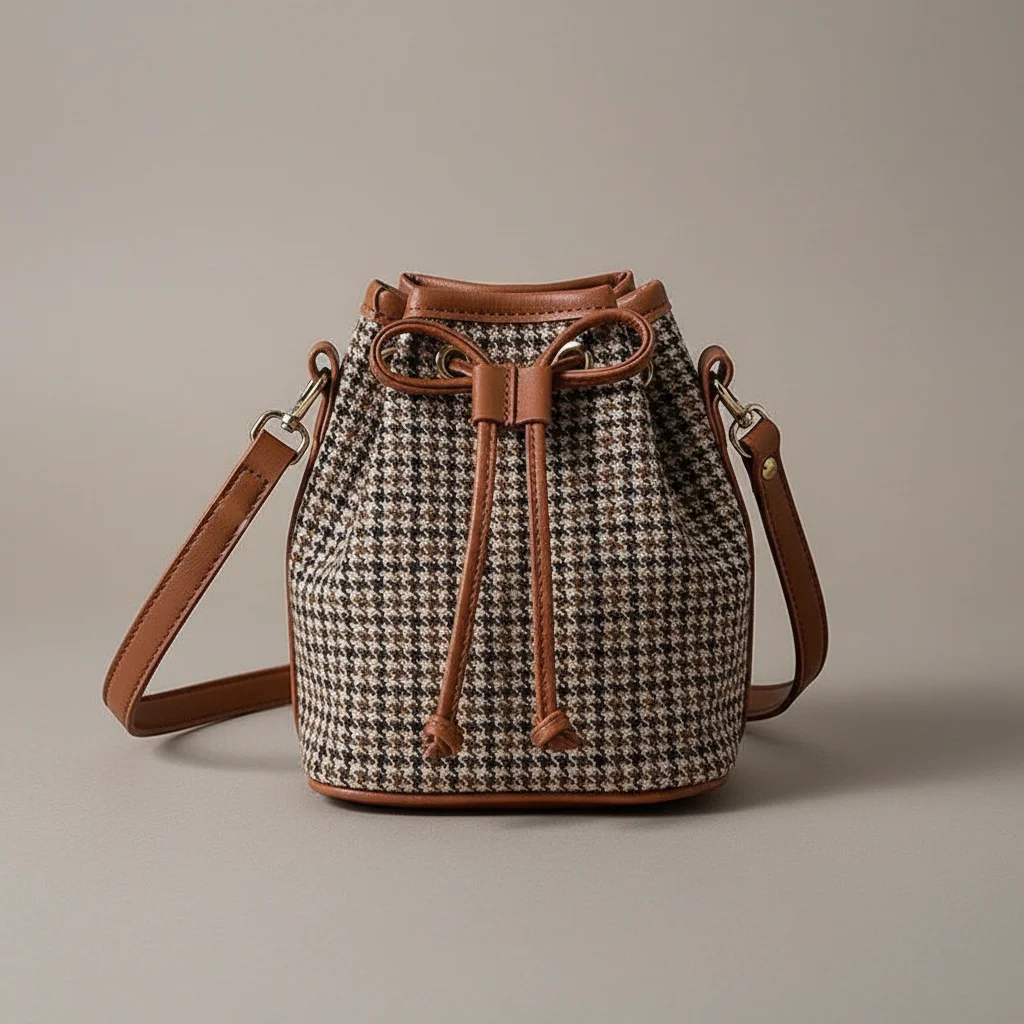 Sac seau tissu pieds-de-poule et finitions cuir - Vue 4 - sac seau
