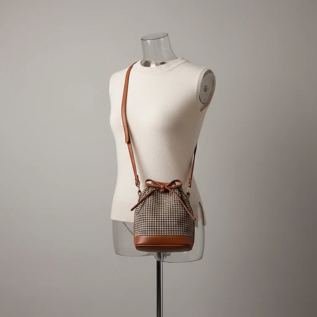 Sac seau tissu pieds-de-poule et finitions cuir - Vue 5 - sac seau