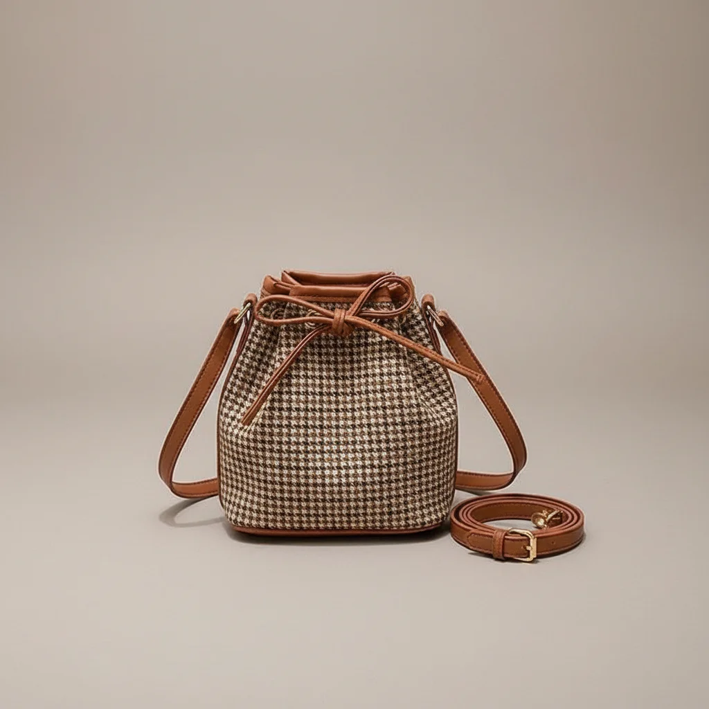 Sac seau tissu pieds-de-poule et finitions cuir - Vue 6 - sac seau