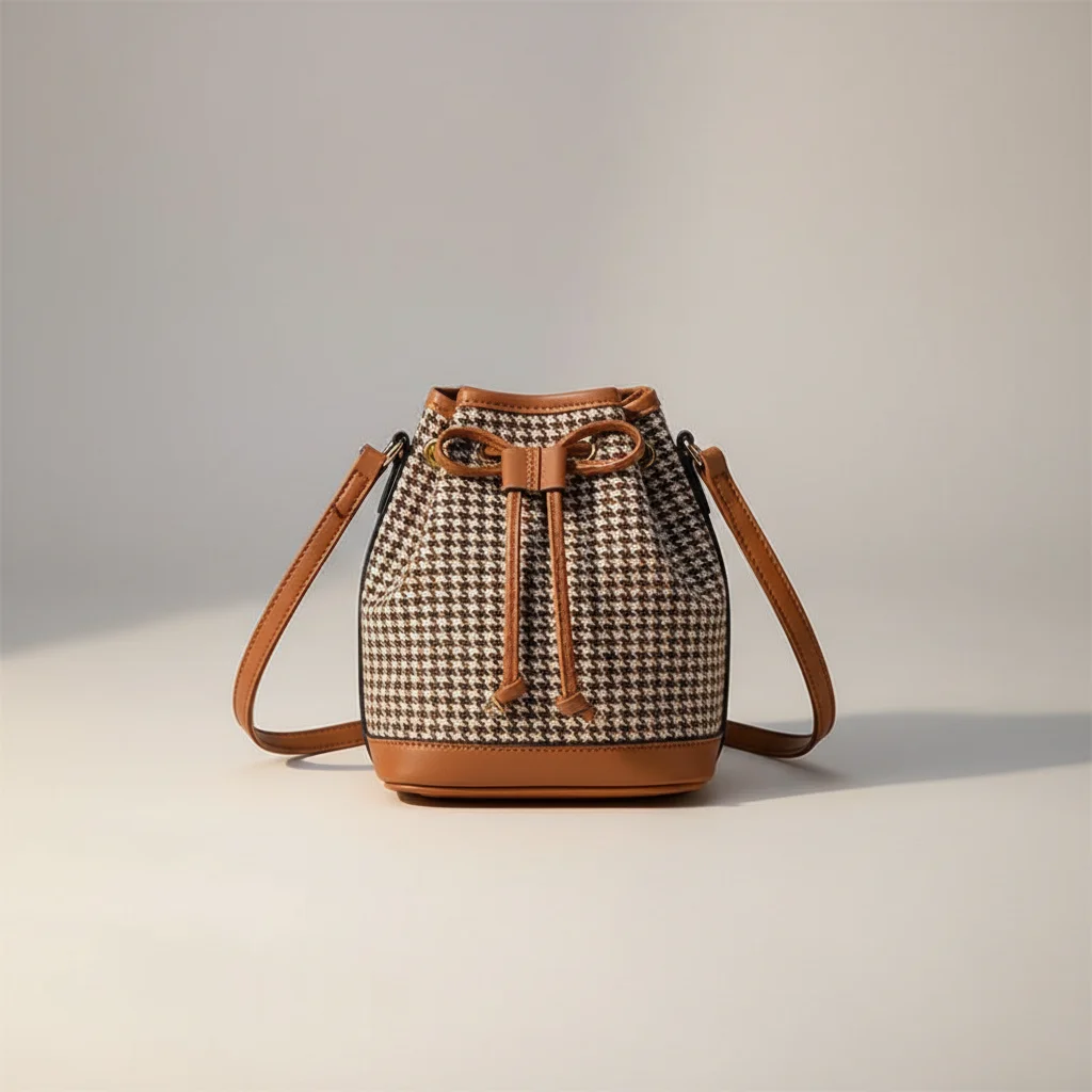 Sac seau tissu pieds-de-poule et finitions cuir - Vue 7 - sac seau