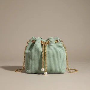 Sac seau velours côtelé vert clair - Vue 1 - sac seau