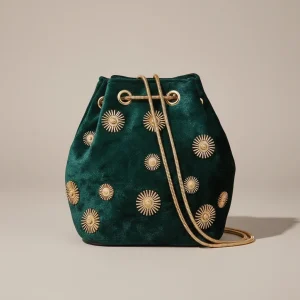 Sac seau velours émeraude et détails dorés - Vue 1 - sac seau
