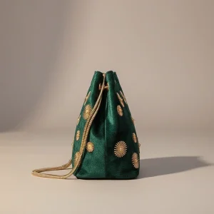 Sac seau velours émeraude et détails dorés - Vue 2 - sac seau