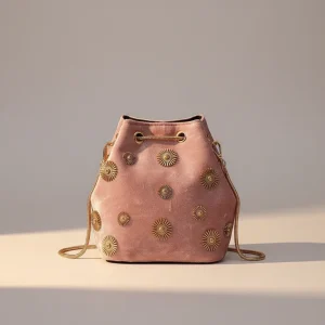 Sac seau velours rose et détails dorés - Vue 1 - sac seau
