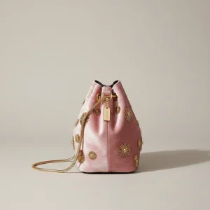 Sac seau velours rose et détails dorés - Vue 2 - sac seau