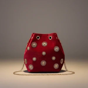 Sac seau velours rouge et détails dorés - Vue 1 - sac seau