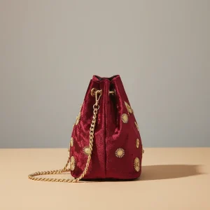 Sac seau velours rouge et détails dorés - Vue 2 - sac seau