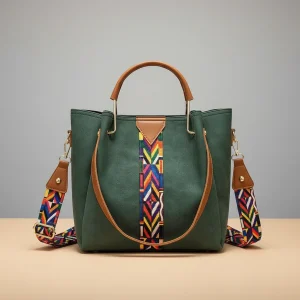 Sac seau vert brodé style ethnique - Vue 1 - sac seau